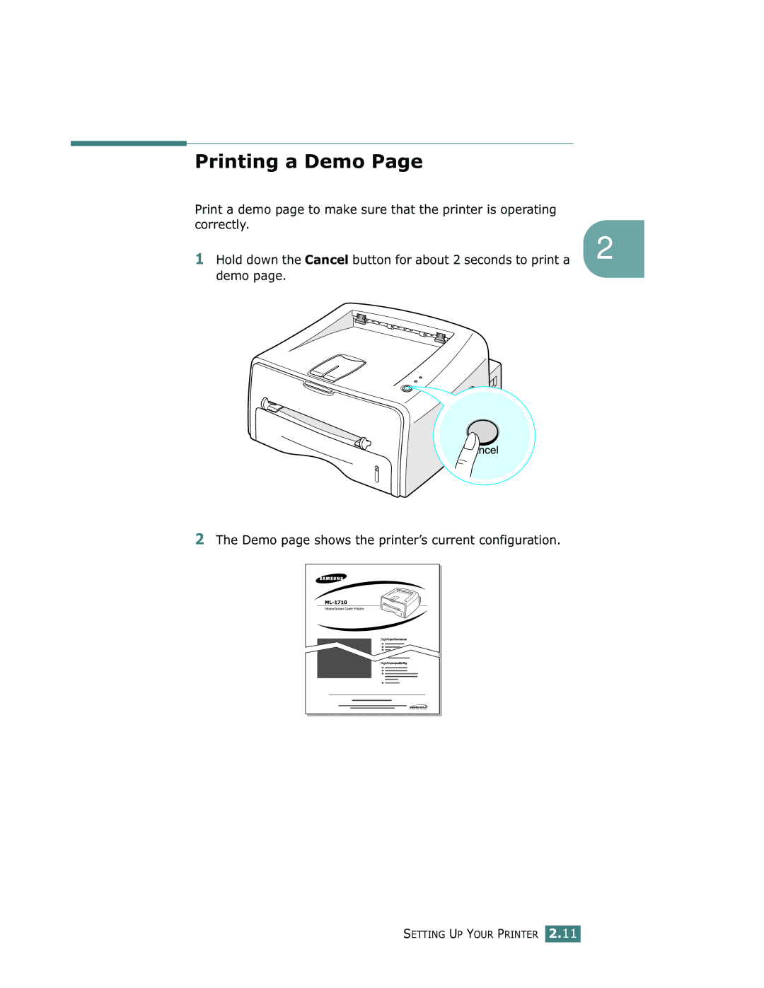 Samsung ML-1710 manual Printing a Demo, Demo Demo page shows the printer’s current configuration 