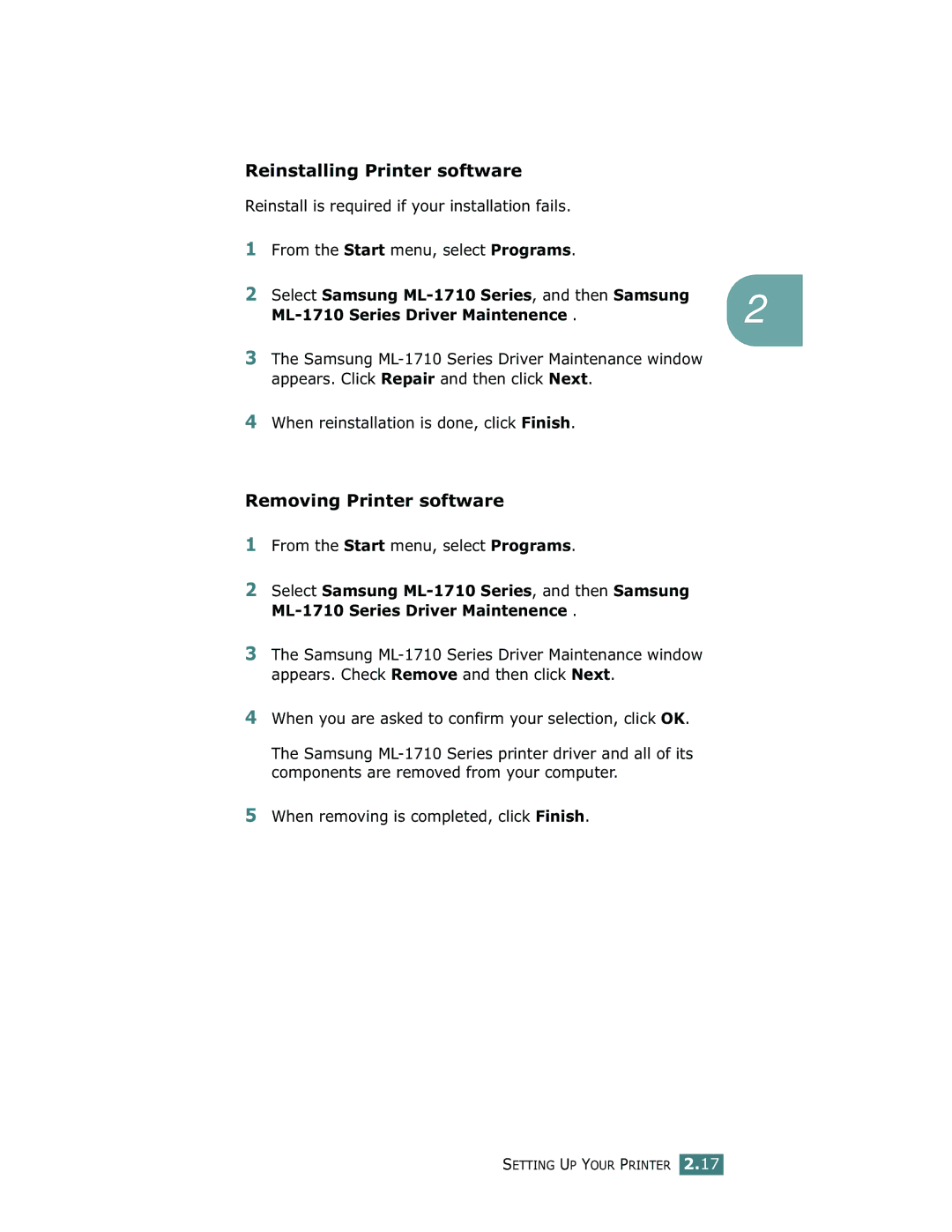 Samsung ML-1710 manual Reinstalling Printer software, Removing Printer software 