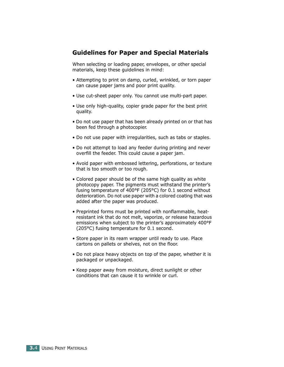 Samsung ML-1710 manual Guidelines for Paper and Special Materials 