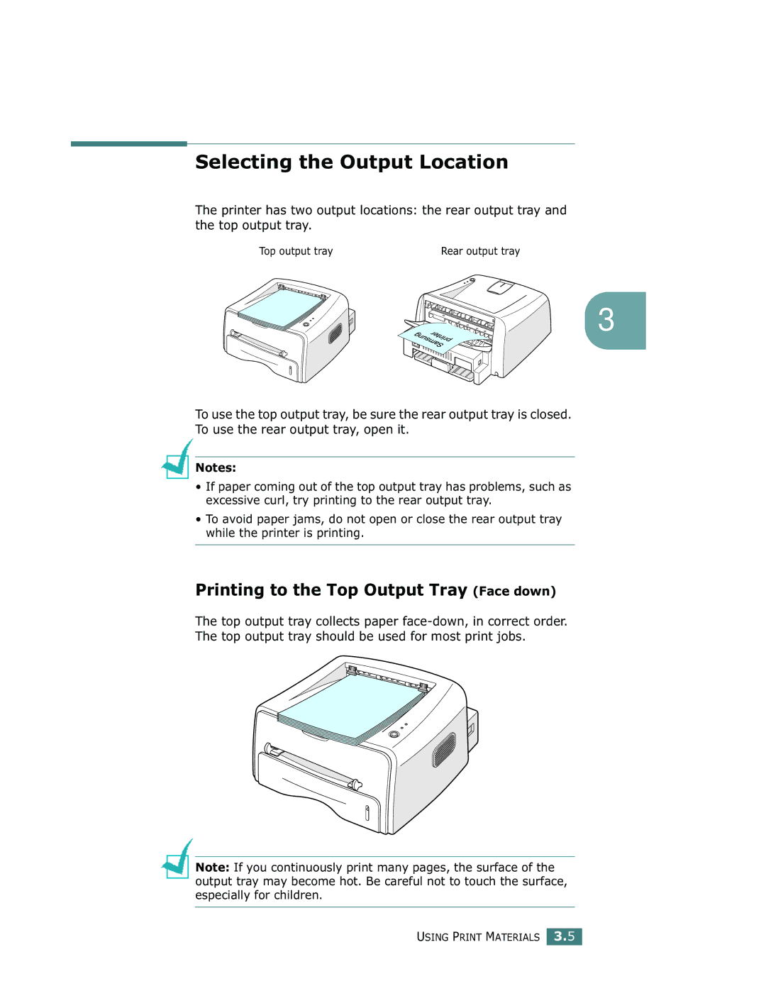 Samsung ML-1710 manual Selecting the Output Location, Printing to the Top Output Tray Face down 