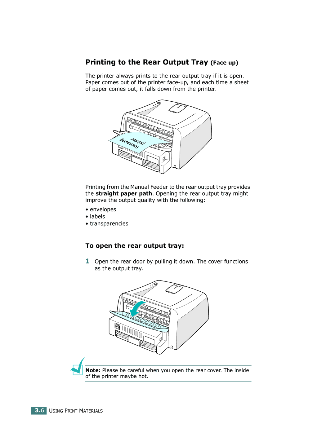 Samsung ML-1710 manual Printing to the Rear Output Tray Face up, To open the rear output tray 