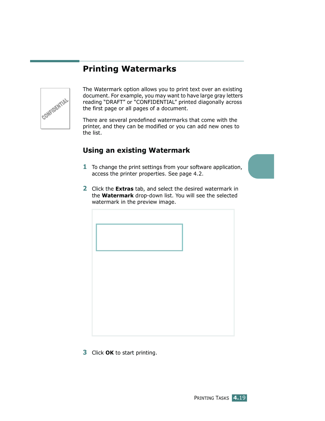 Samsung ML-1710 manual Printing Watermarks, Using an existing Watermark 