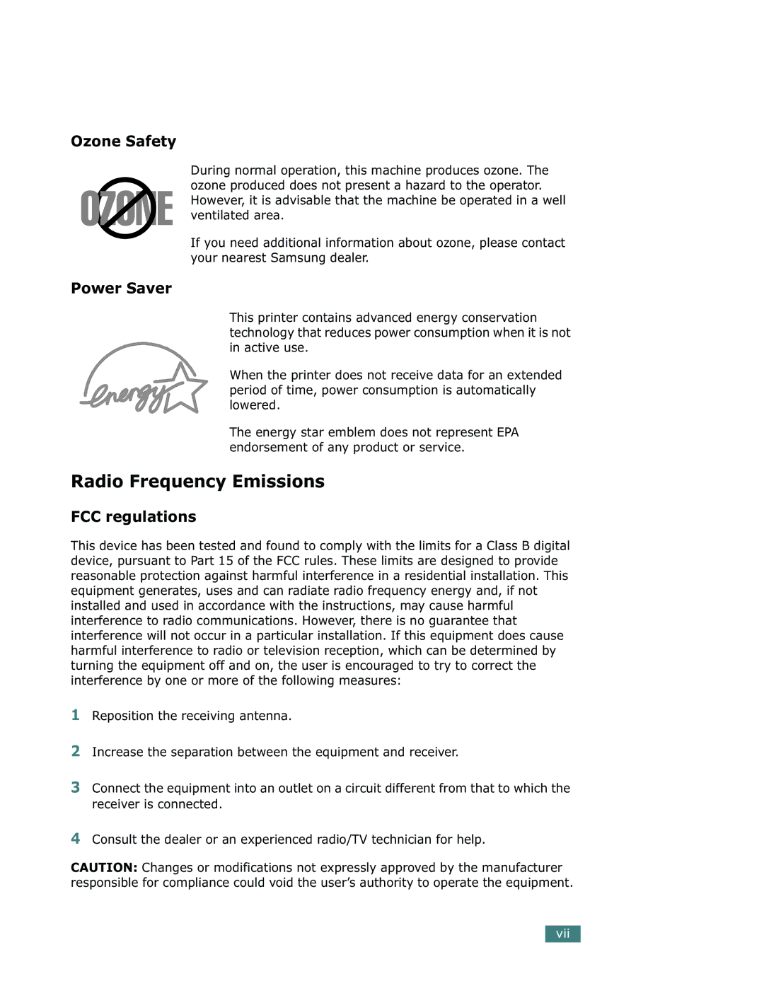 Samsung ML-1710 manual Radio Frequency Emissions 