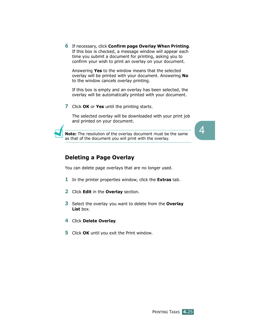 Samsung ML-1710 manual Deleting a Page Overlay, Click Delete Overlay, Click OK until you exit the Print window 