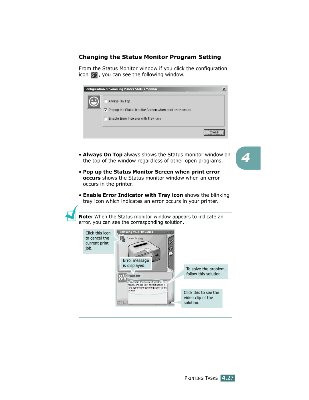 Samsung ML-1710 manual Changing the Status Monitor Program Setting, Top of the window regardless of other open programs 