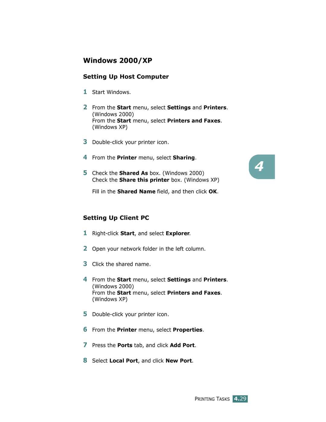 Samsung ML-1710 manual Windows 2000/XP, Fill in the Shared Name field, and then click OK 