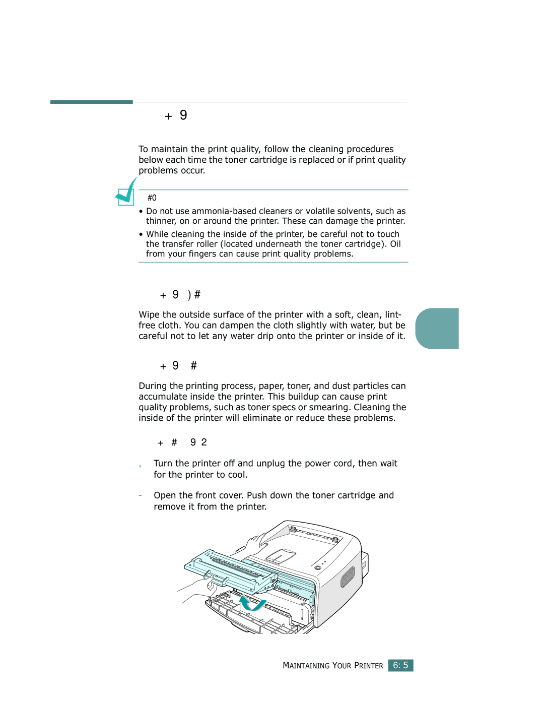 Samsung ML-1710 manual Cleaning the Printer, Cleaning the Outside, Cleaning the Inside, Cleaning inside the printer 