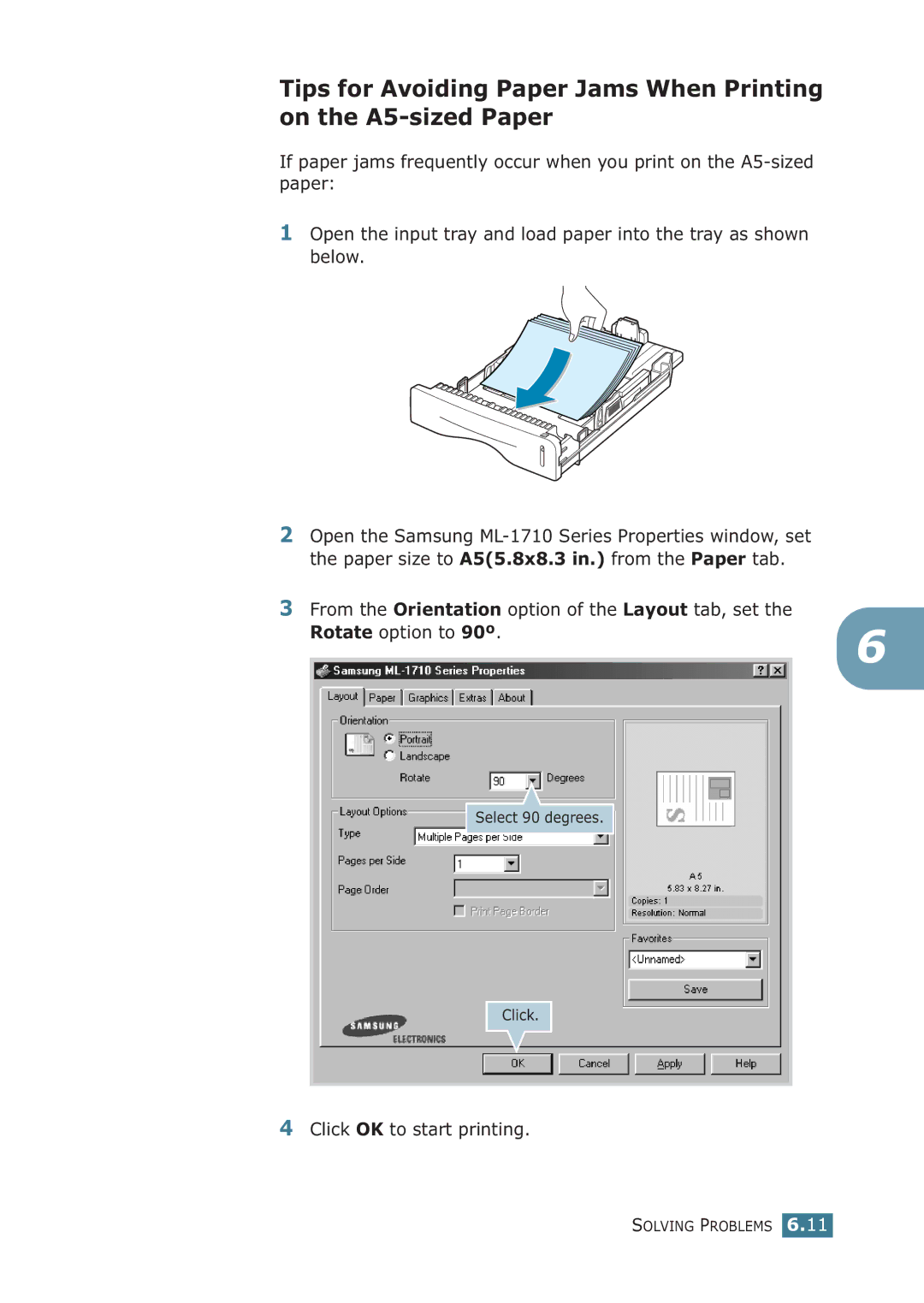 Samsung ML-1710P manual From the Orientation option of the Layout tab, set, Rotate option to 90º 