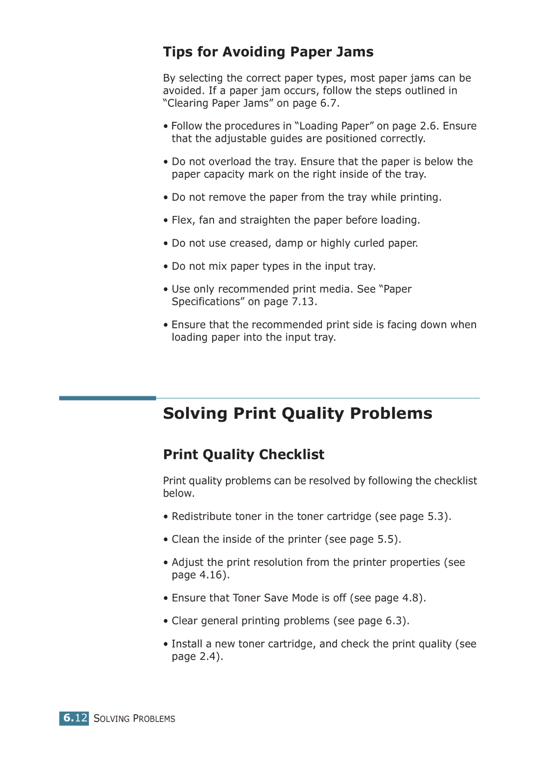 Samsung ML-1710P manual Solving Print Quality Problems, Tips for Avoiding Paper Jams, Print Quality Checklist 