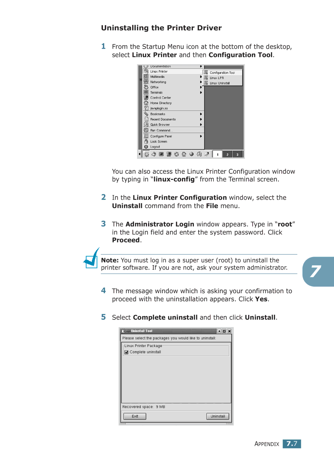 Samsung ML-1710P manual Uninstalling the Printer Driver, Select Complete uninstall and then click Uninstall 