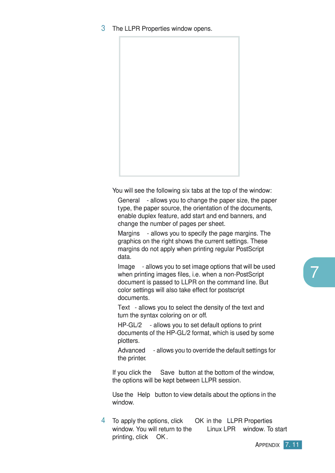 Samsung ML-1710P manual Llpr Properties window opens, When printing images files, i.e. when a non-PostScript 