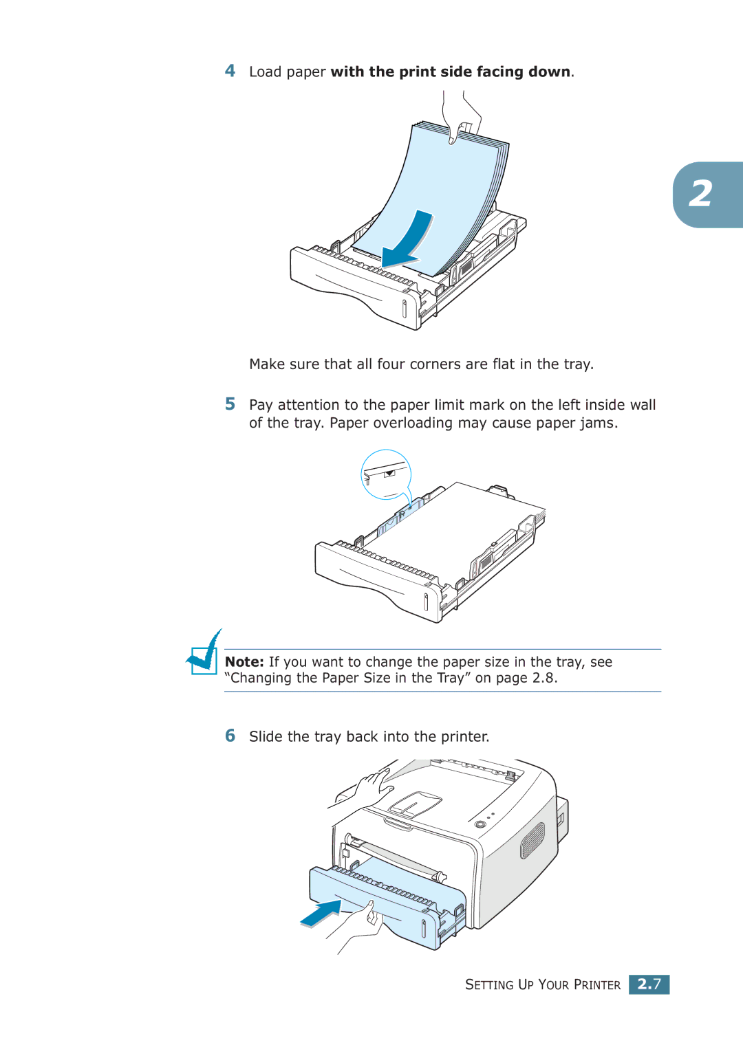 Samsung ML-1710P manual Load paper with the print side facing down, Make sure that all four corners are flat in the tray 