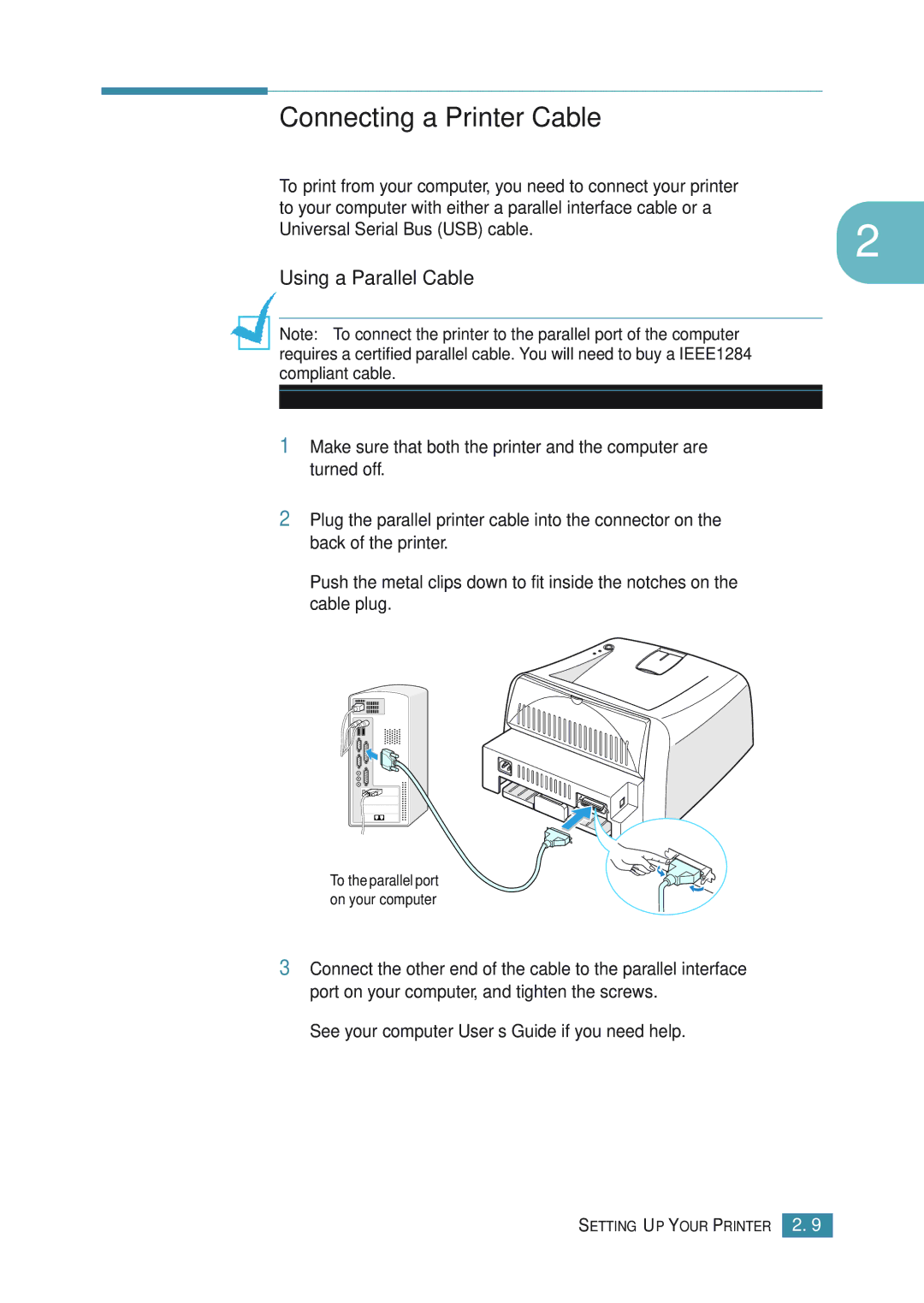 Samsung ML-1710P manual Connecting a Printer Cable, Using a Parallel Cable, See your computer User’s Guide if you need help 