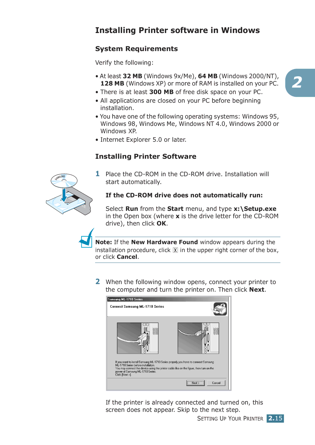 Samsung ML-1710P manual Installing Printer software in Windows, System Requirements, Installing Printer Software 