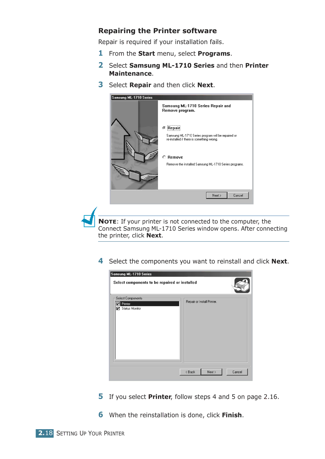 Samsung ML-1710P manual Repairing the Printer software, Select Samsung ML-1710 Series and then Printer Maintenance 