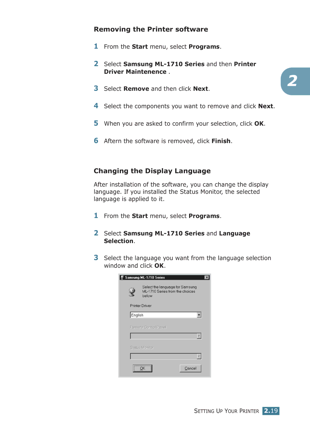 Samsung ML-1710P manual Removing the Printer software, Changing the Display Language 