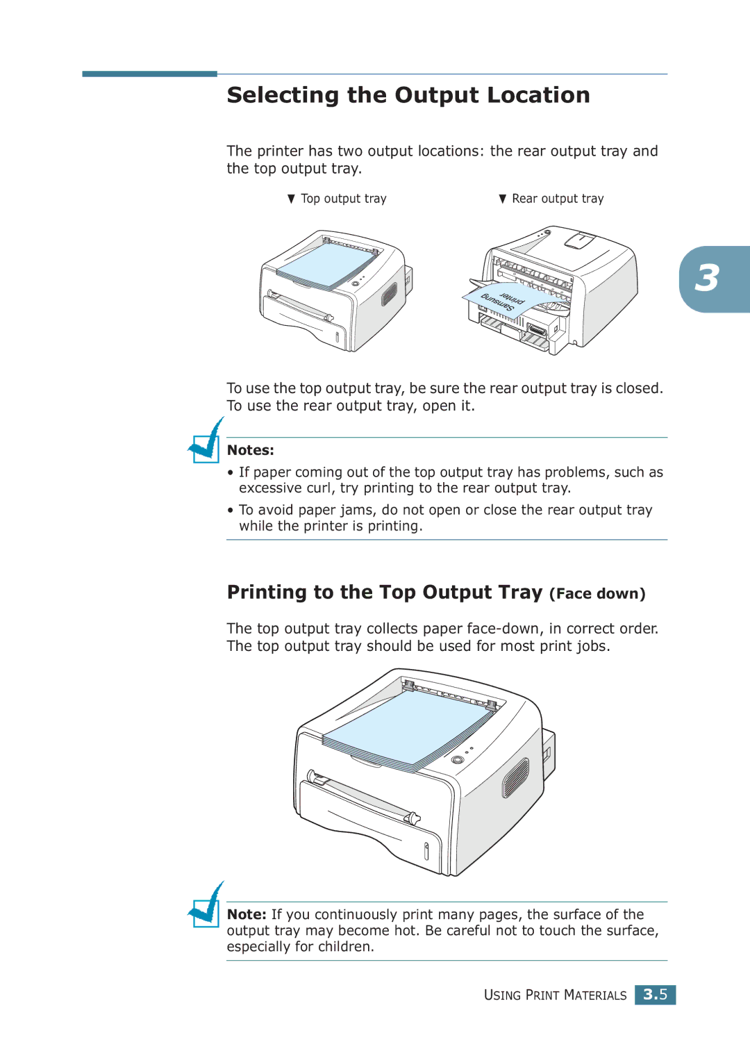 Samsung ML-1710P manual Selecting the Output Location, Printing to the Top Output Tray Face down 