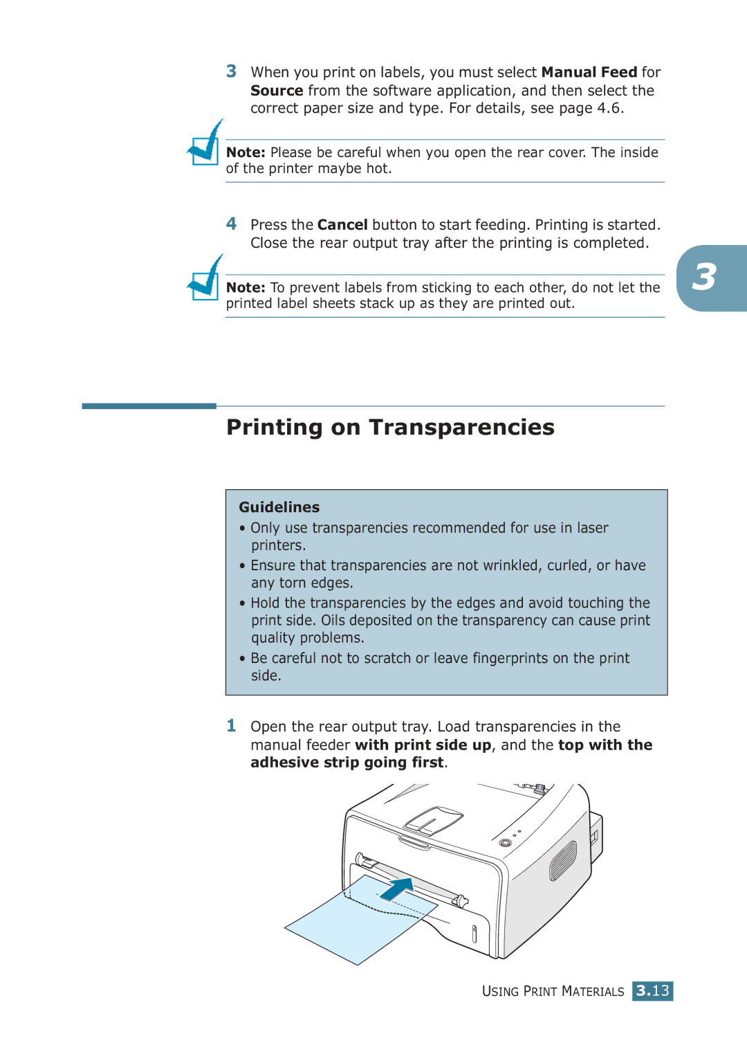 Samsung ML-1710P manual Printing on Transparencies, Printed label sheets stack up as they are printed out 