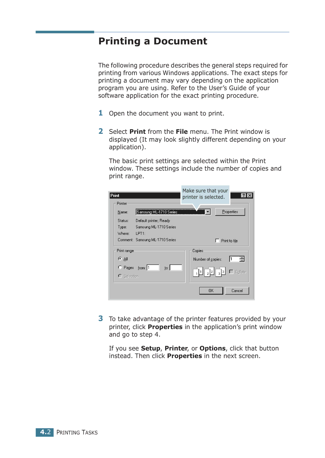 Samsung ML-1710P manual Printing a Document 