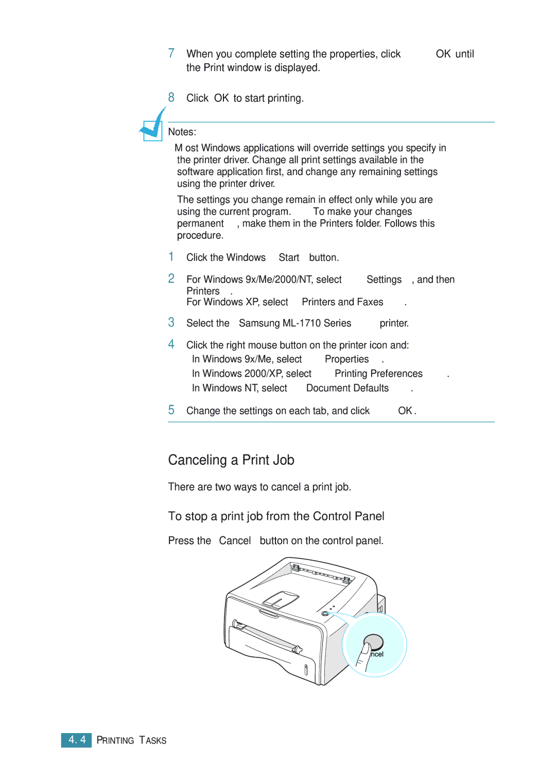 Samsung ML-1710P manual Canceling a Print Job, To stop a print job from the Control Panel 