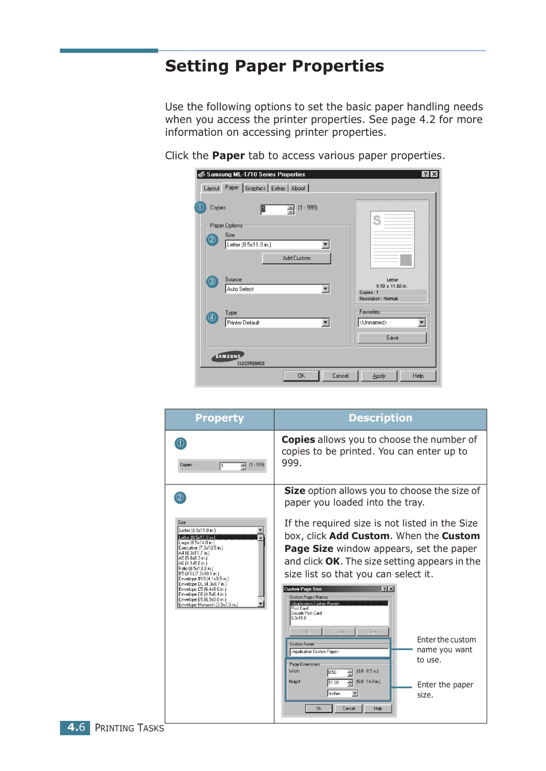 Samsung ML-1710P manual Setting Paper Properties, Property Description 