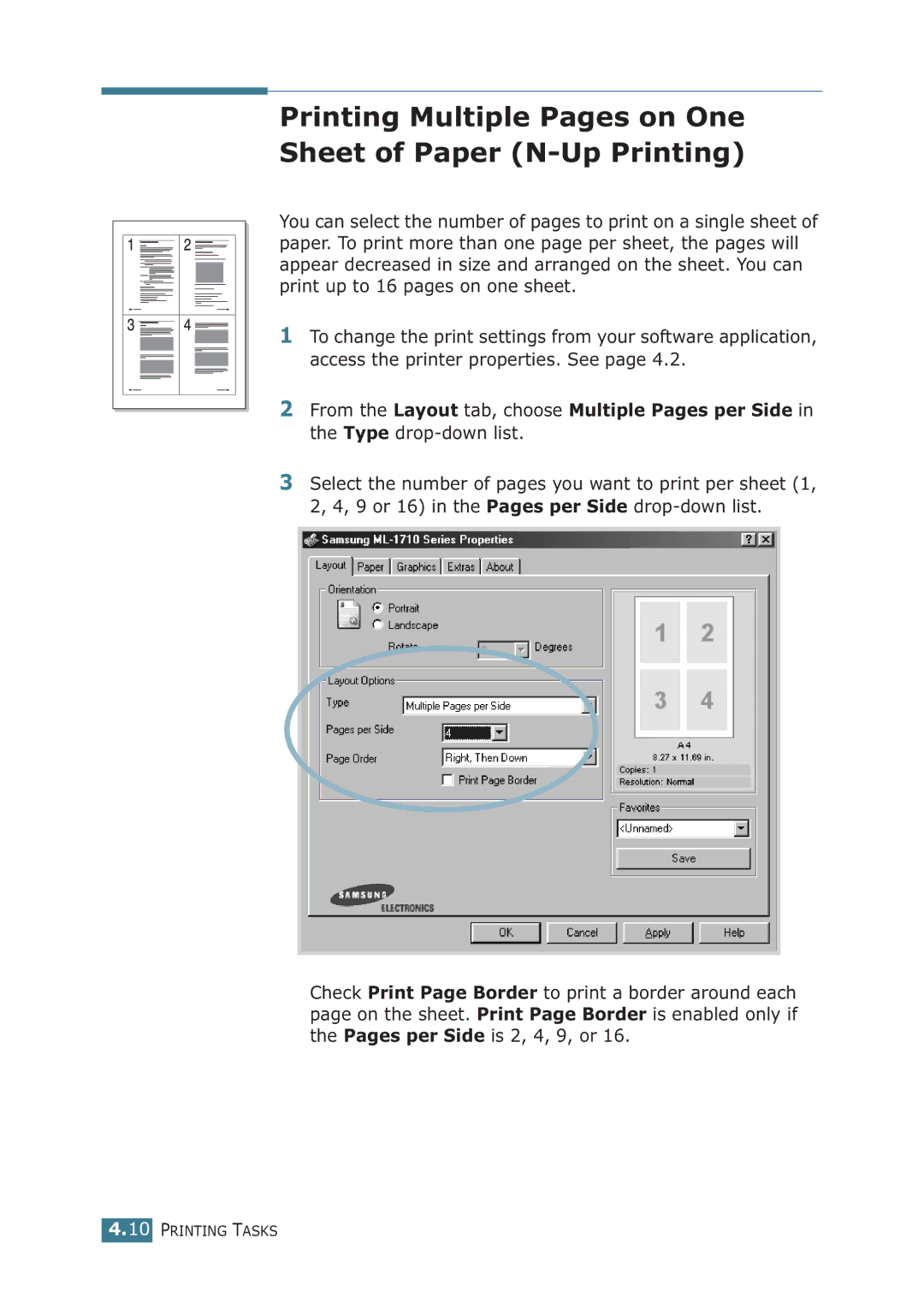 Samsung ML-1710P manual Printing Multiple Pages on One Sheet of Paper N-Up Printing 