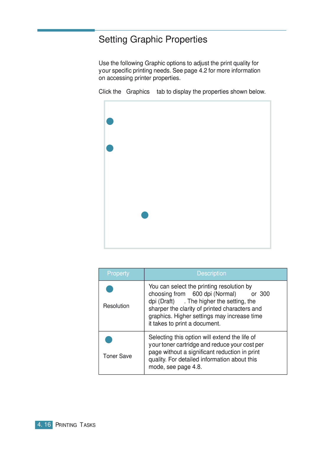 Samsung ML-1710P manual Setting Graphic Properties, Resolution, Toner Save 