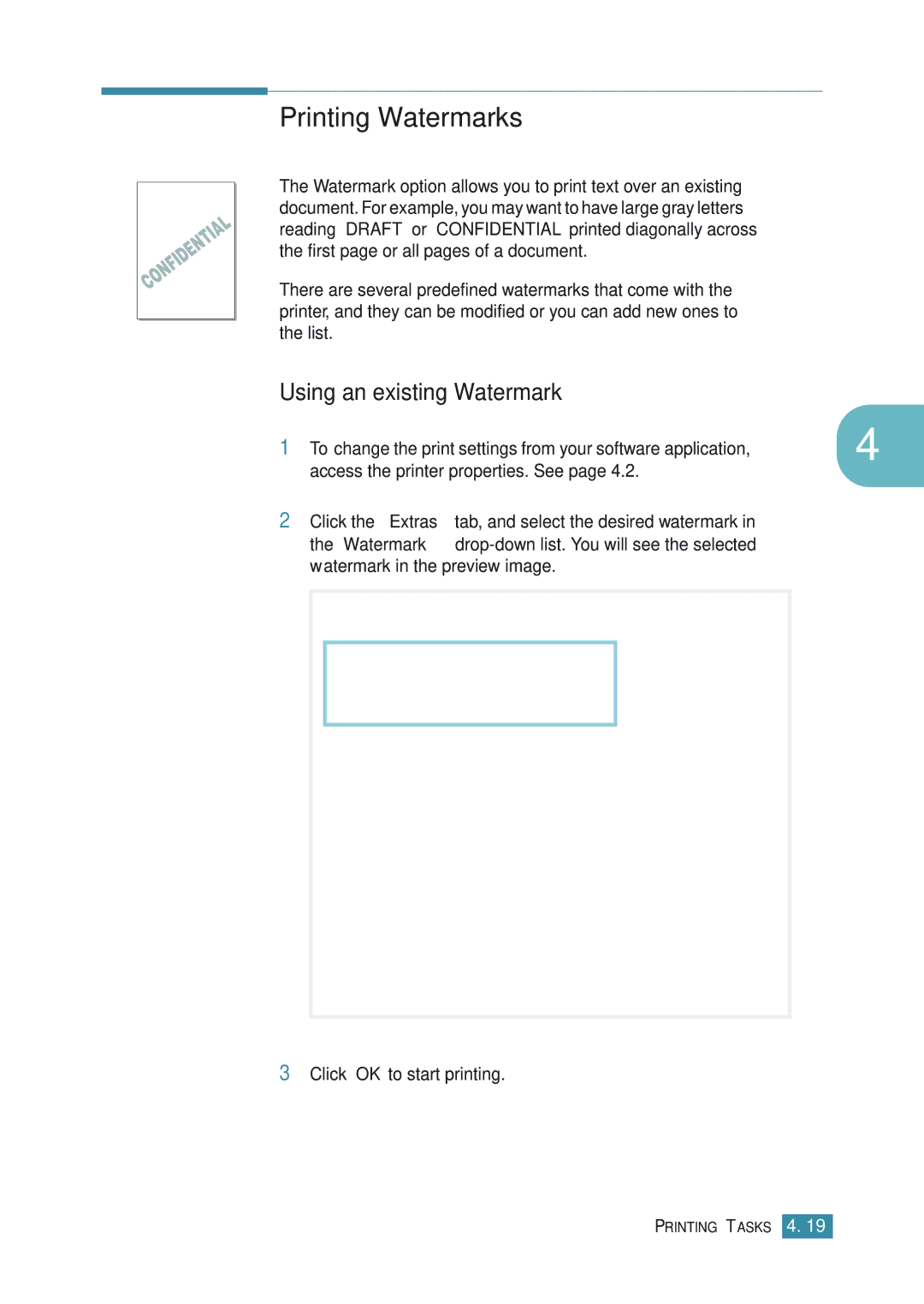 Samsung ML-1710P manual Printing Watermarks, Using an existing Watermark 