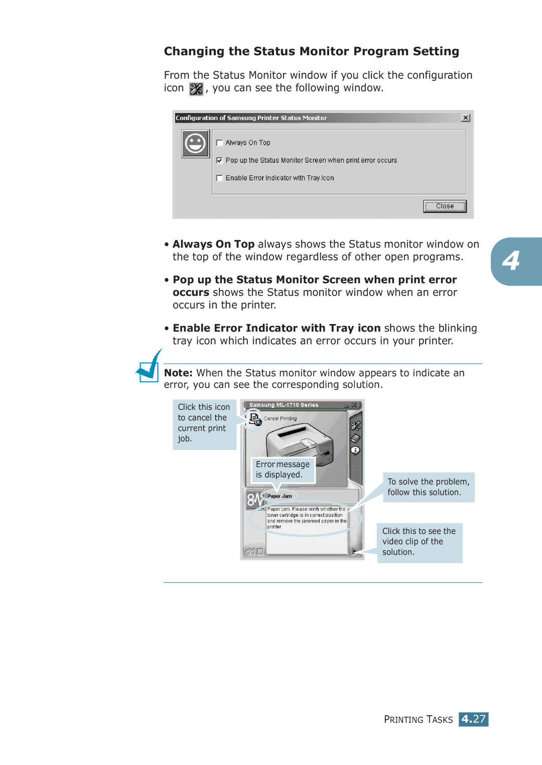 Samsung ML-1710P manual Changing the Status Monitor Program Setting, Top of the window regardless of other open programs 