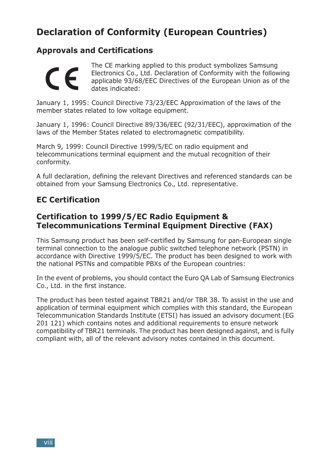 Samsung ML-1710P manual Declaration of Conformity European Countries 