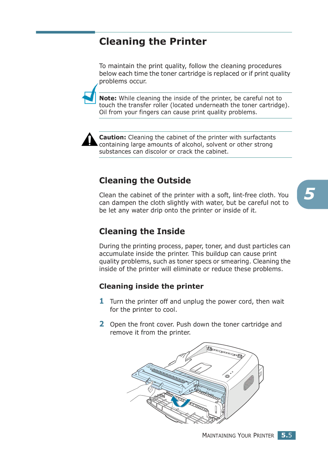 Samsung ML-1710P manual Cleaning the Printer, Cleaning the Outside, Cleaning the Inside, Cleaning inside the printer 