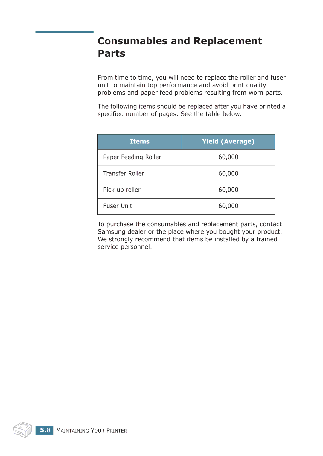 Samsung ML-1710P manual Consumables and Replacement Parts, Items Yield Average 