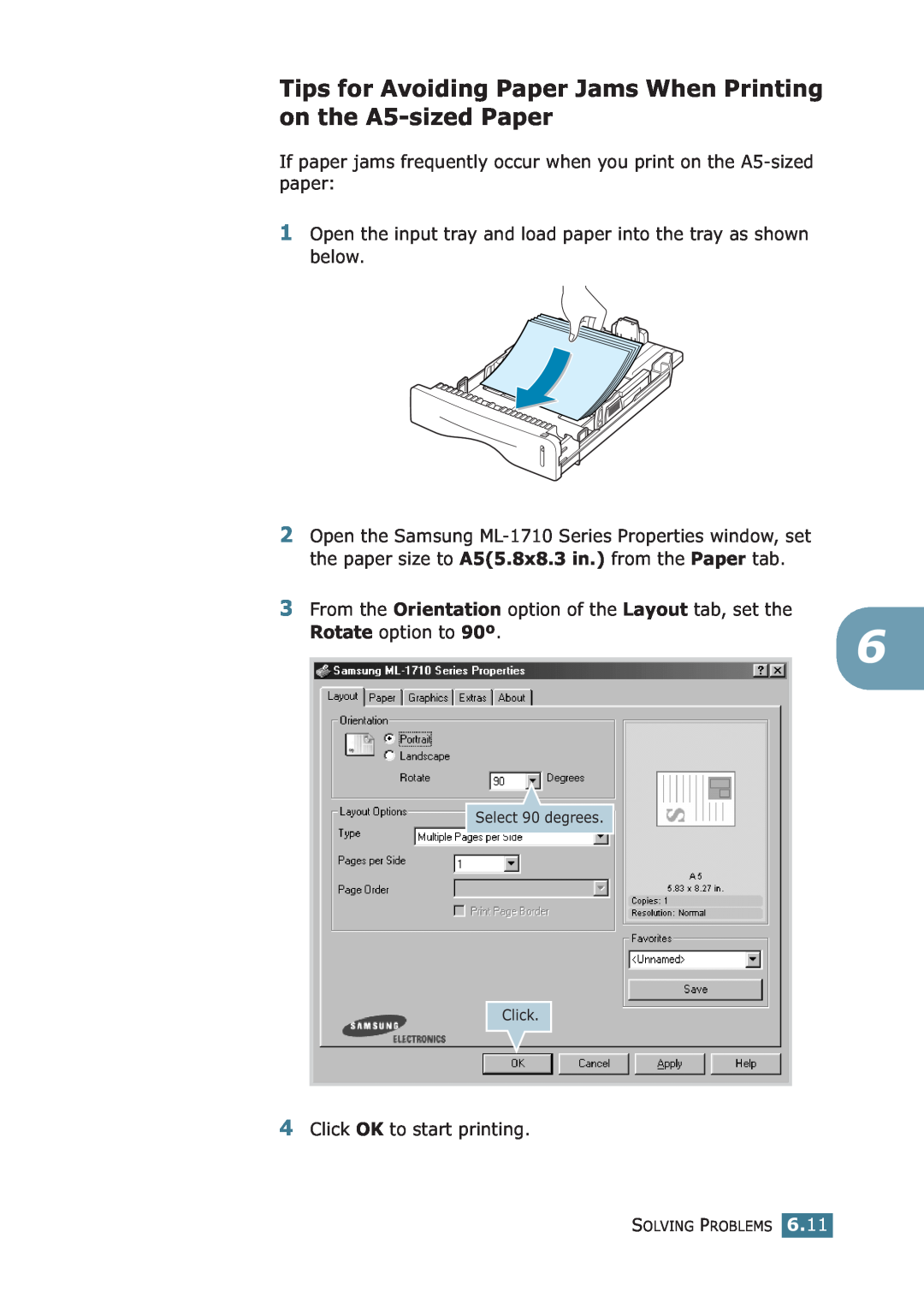 Samsung ML-1710P manual Tips for Avoiding Paper Jams When Printing on the A5-sized Paper, Rotate option to 90º 