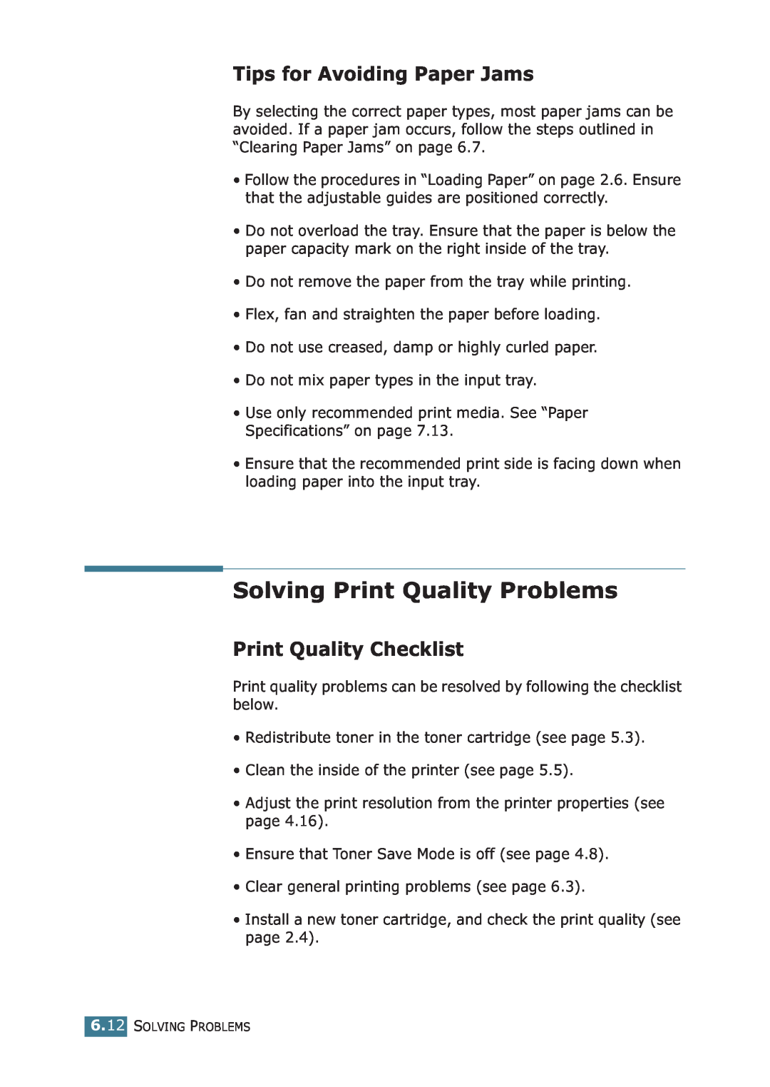 Samsung ML-1710P manual Solving Print Quality Problems, Tips for Avoiding Paper Jams, Print Quality Checklist 