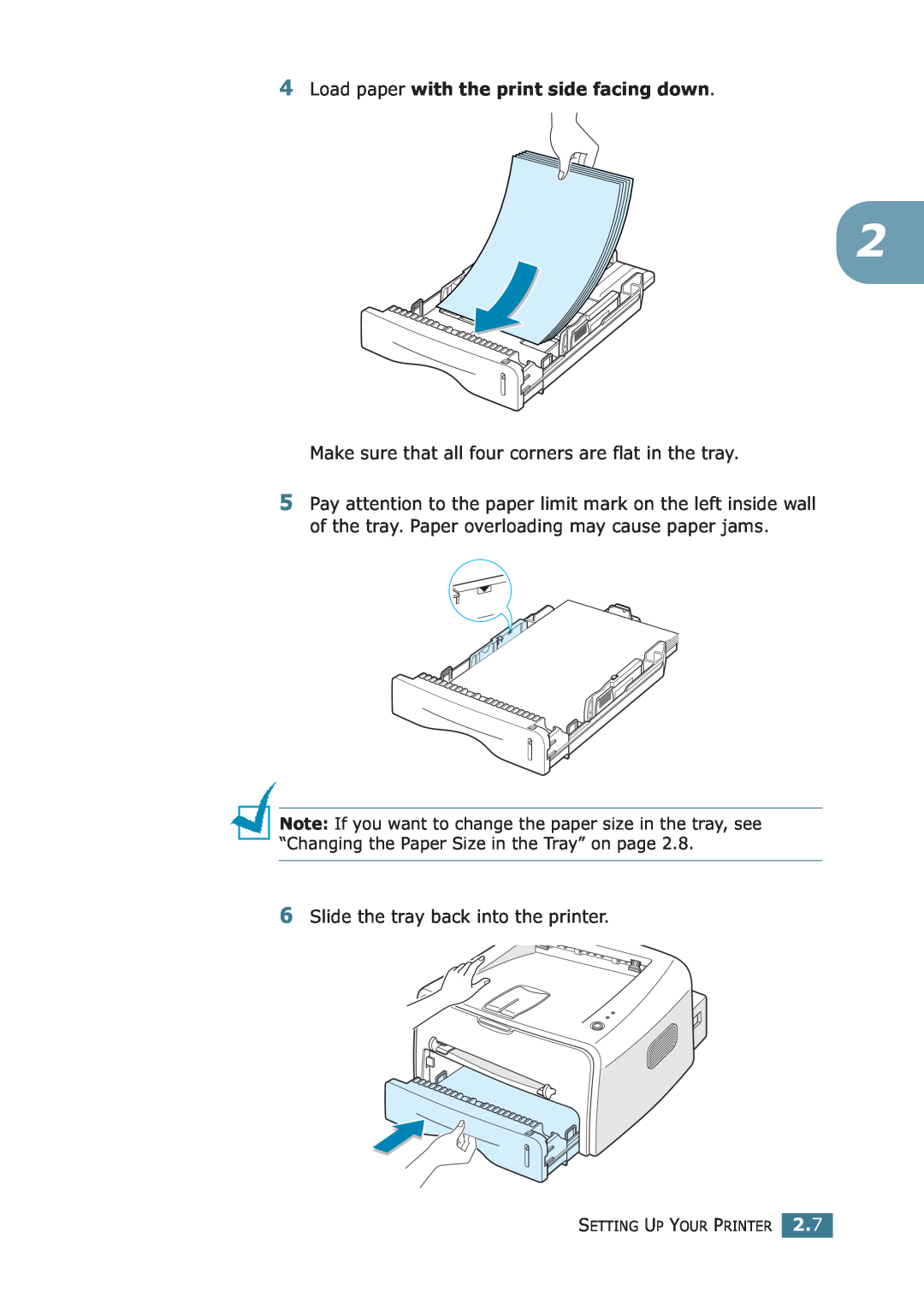 Samsung ML-1710P manual Load paper with the print side facing down, Make sure that all four corners are flat in the tray 