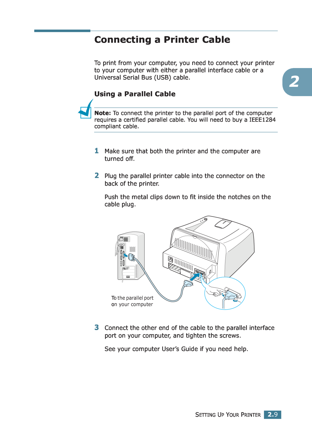 Samsung ML-1710P manual Connecting a Printer Cable, Using a Parallel Cable 
