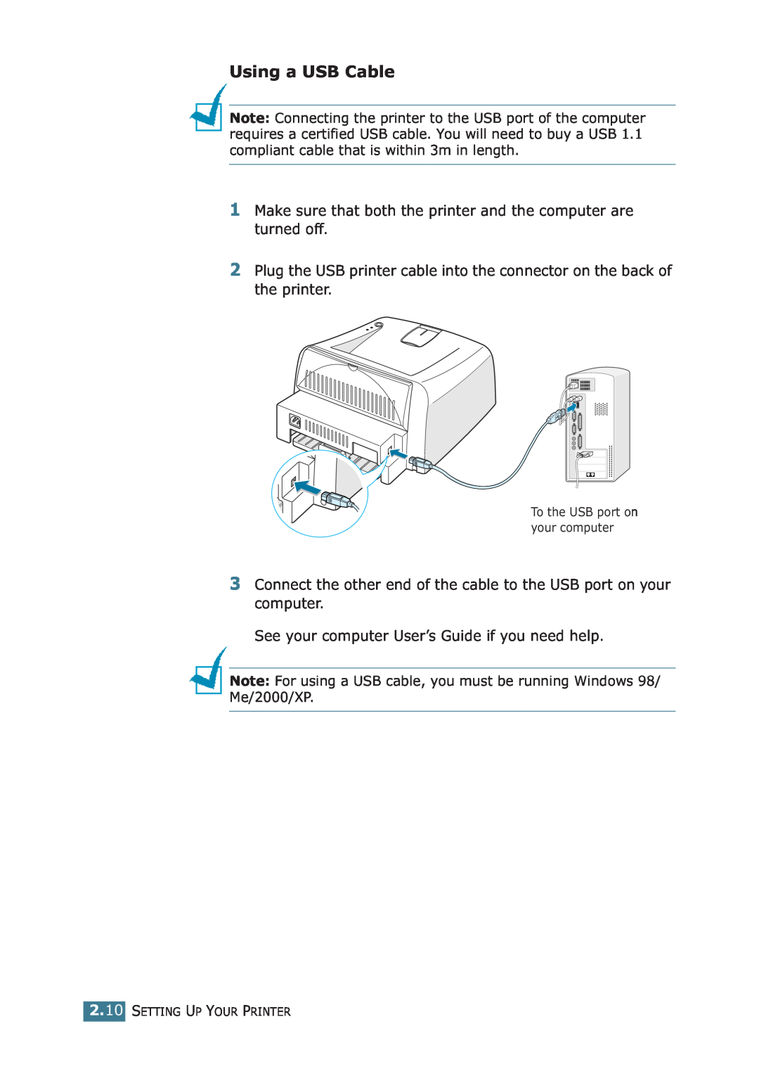 Samsung ML-1710P manual Using a USB Cable, To the USB port on your computer, Setting Up Your Printer 