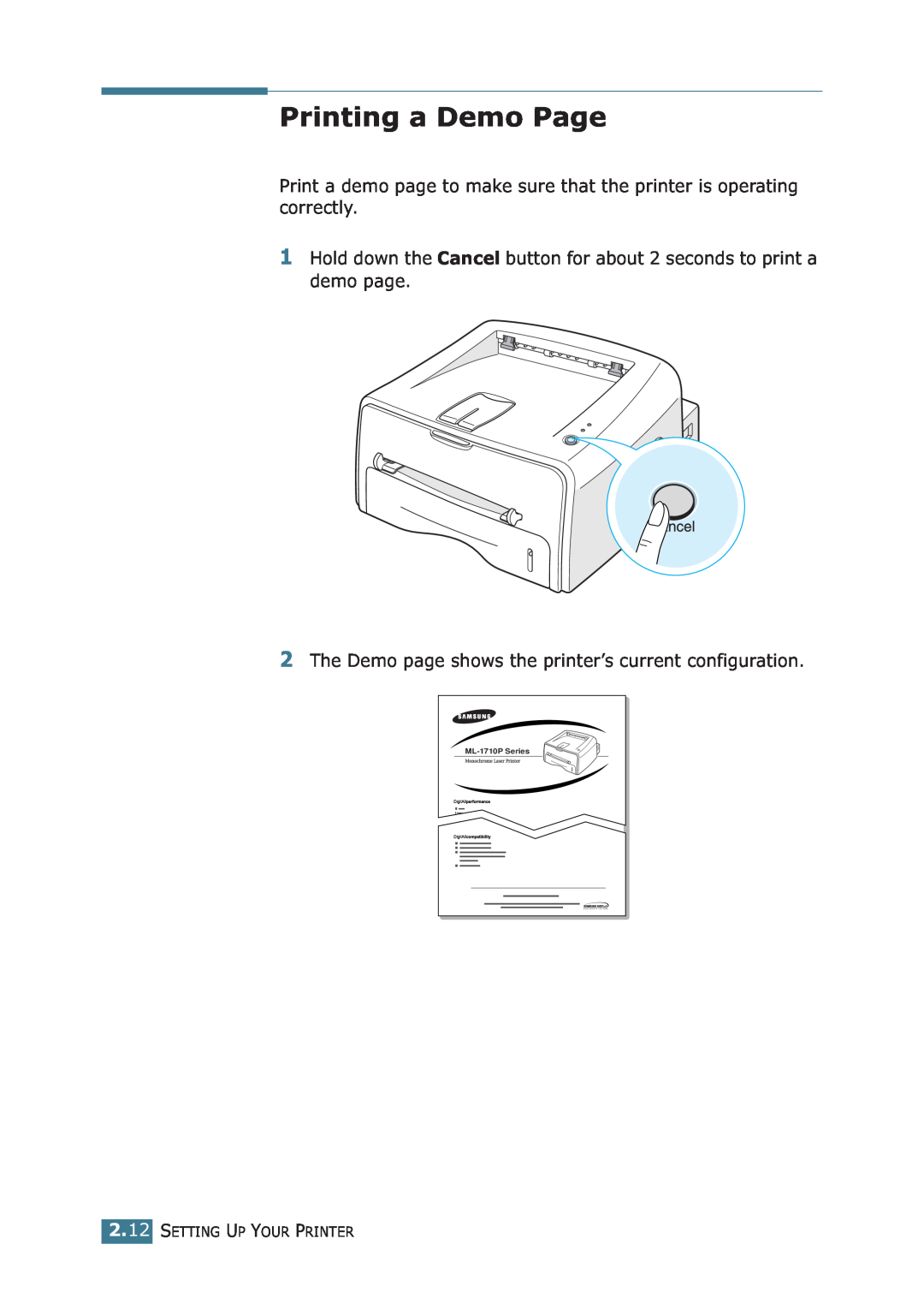 Samsung manual Printing a Demo Page, The Demo page shows the printer’s current configuration, ML-1710P Series 