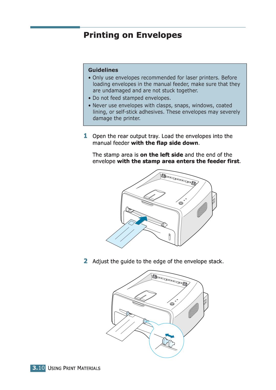 Samsung ML-1710P manual Printing on Envelopes, Guidelines 