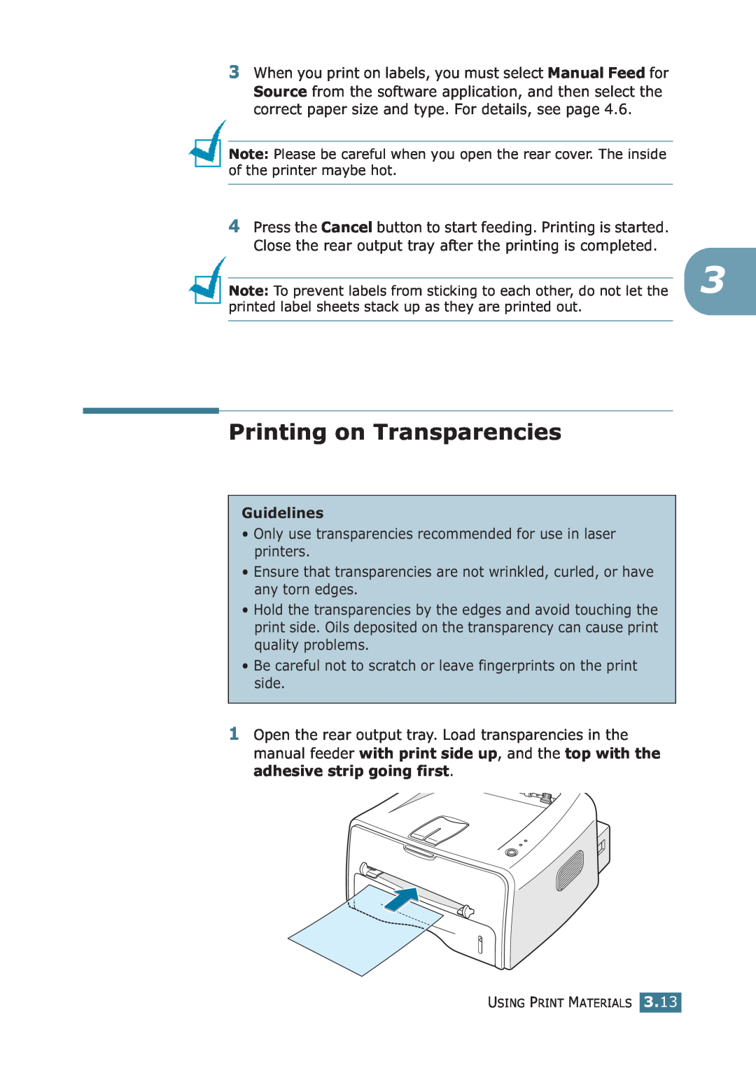 Samsung ML-1710P manual Printing on Transparencies, printed label sheets stack up as they are printed out, Guidelines 