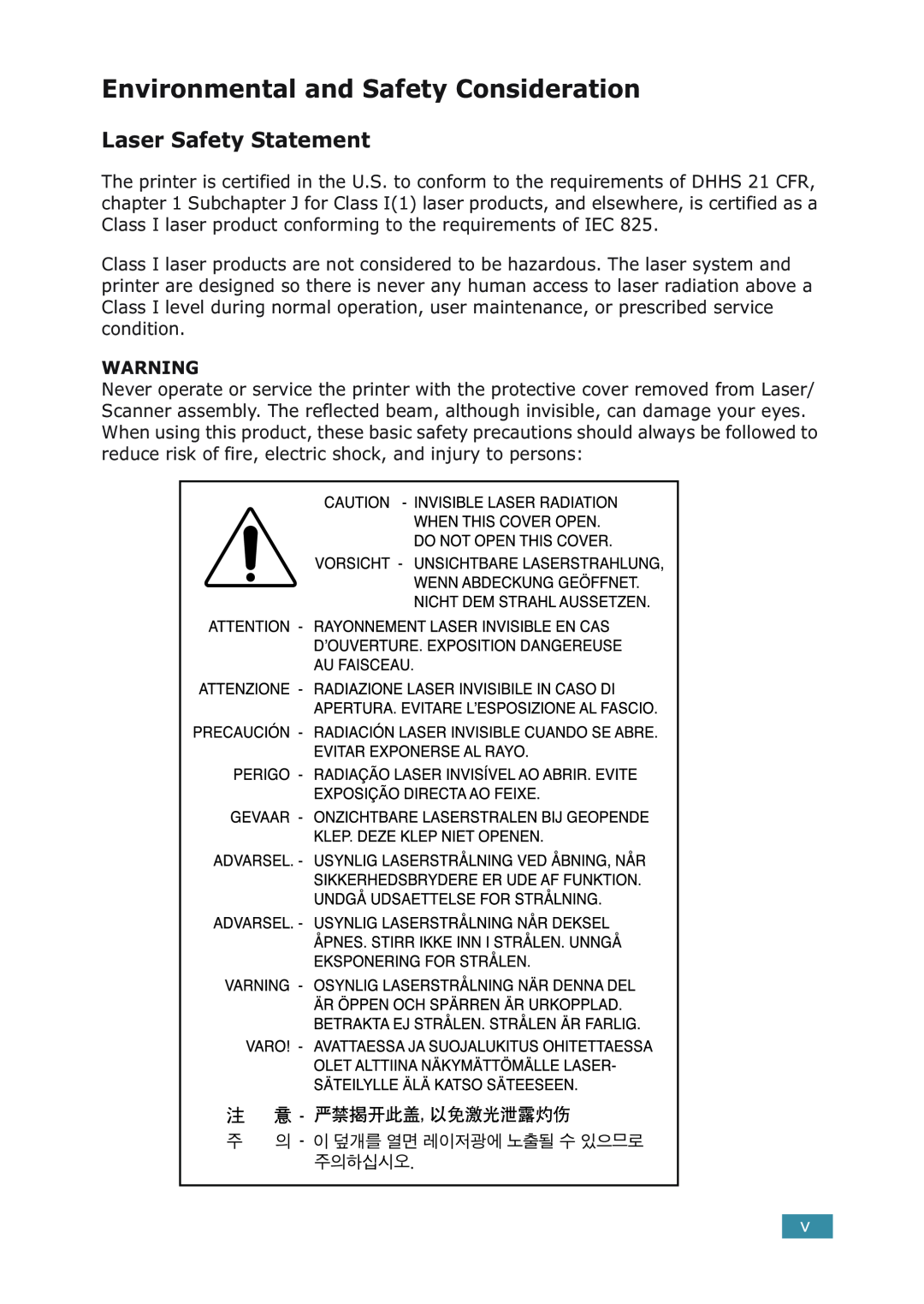 Samsung ML-1710P manual Environmental and Safety Consideration, Laser Safety Statement 