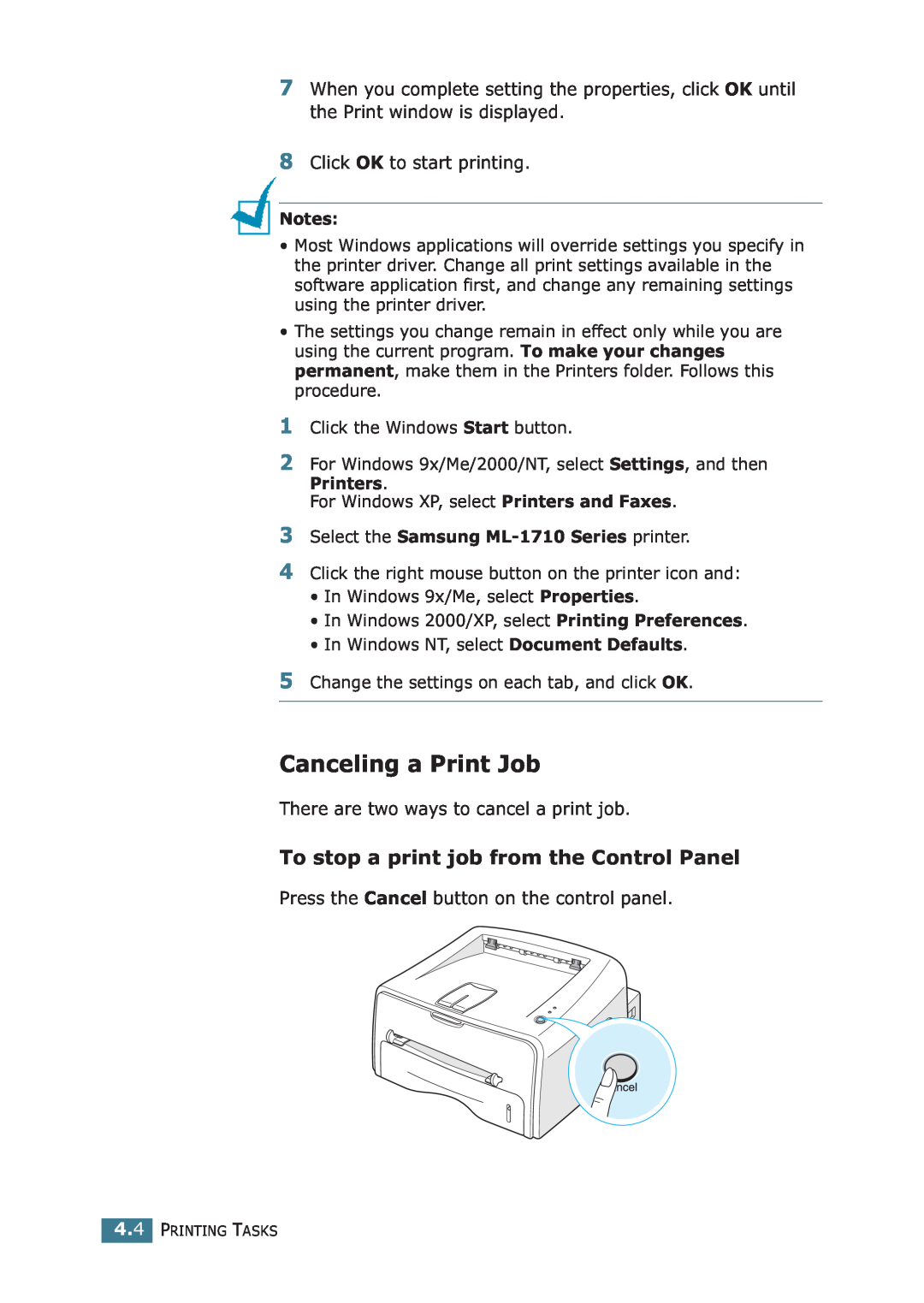 Samsung ML-1710P manual Canceling a Print Job, To stop a print job from the Control Panel 