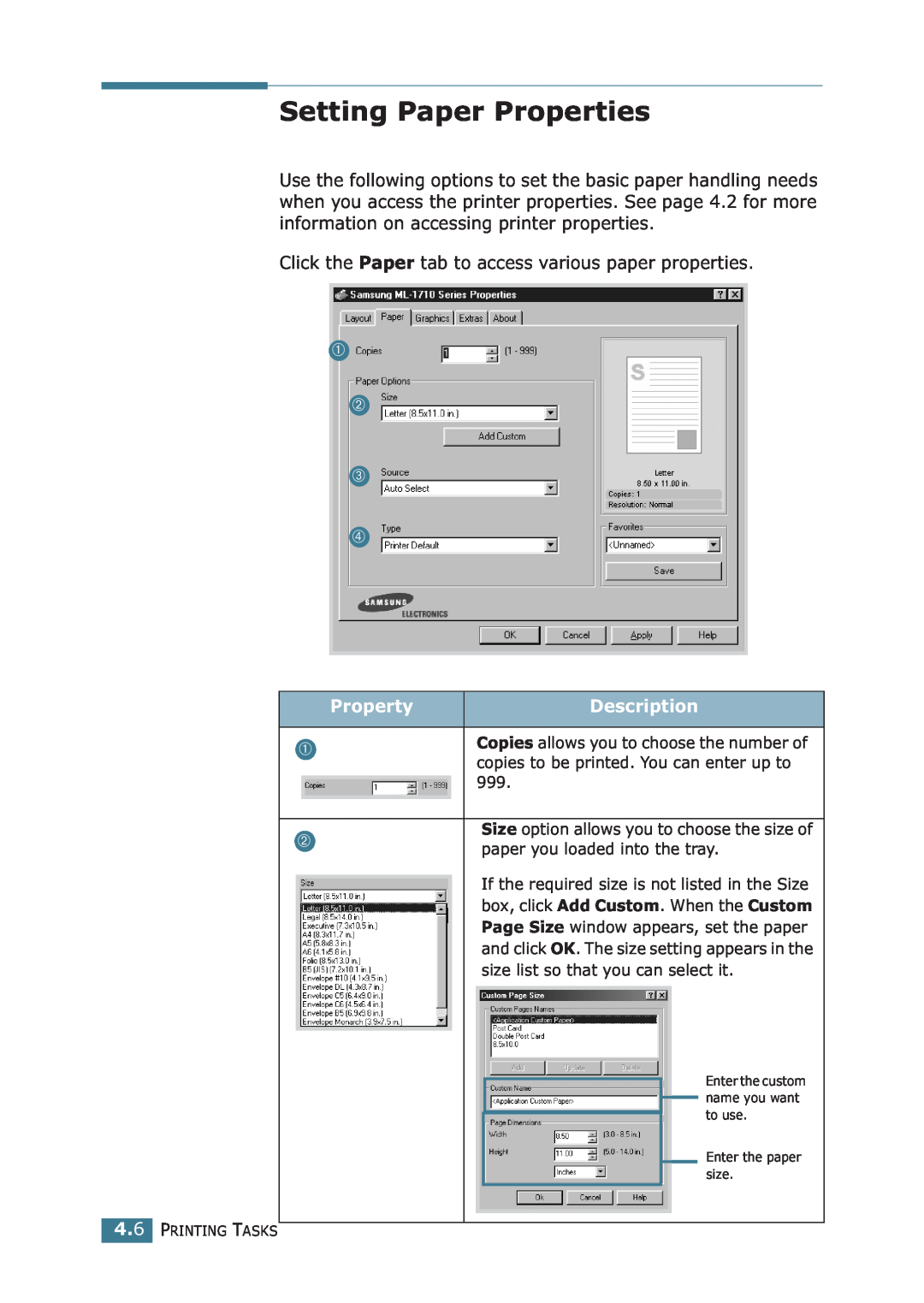 Samsung ML-1710P manual Setting Paper Properties, ➀ ➁ ➂ ➃, Property, Description 