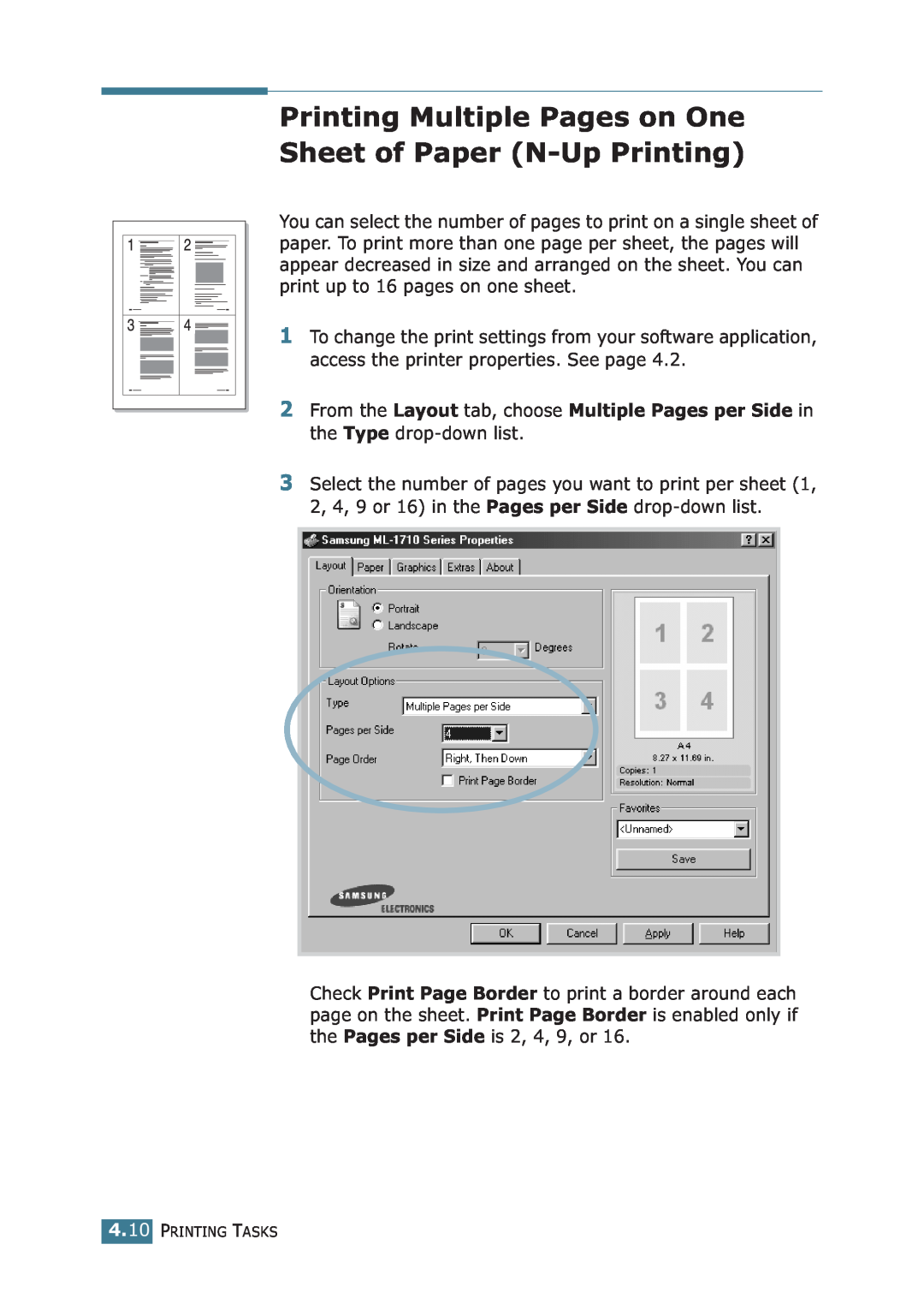 Samsung ML-1710P manual Printing Multiple Pages on One Sheet of Paper N-Up Printing, Printing Tasks 