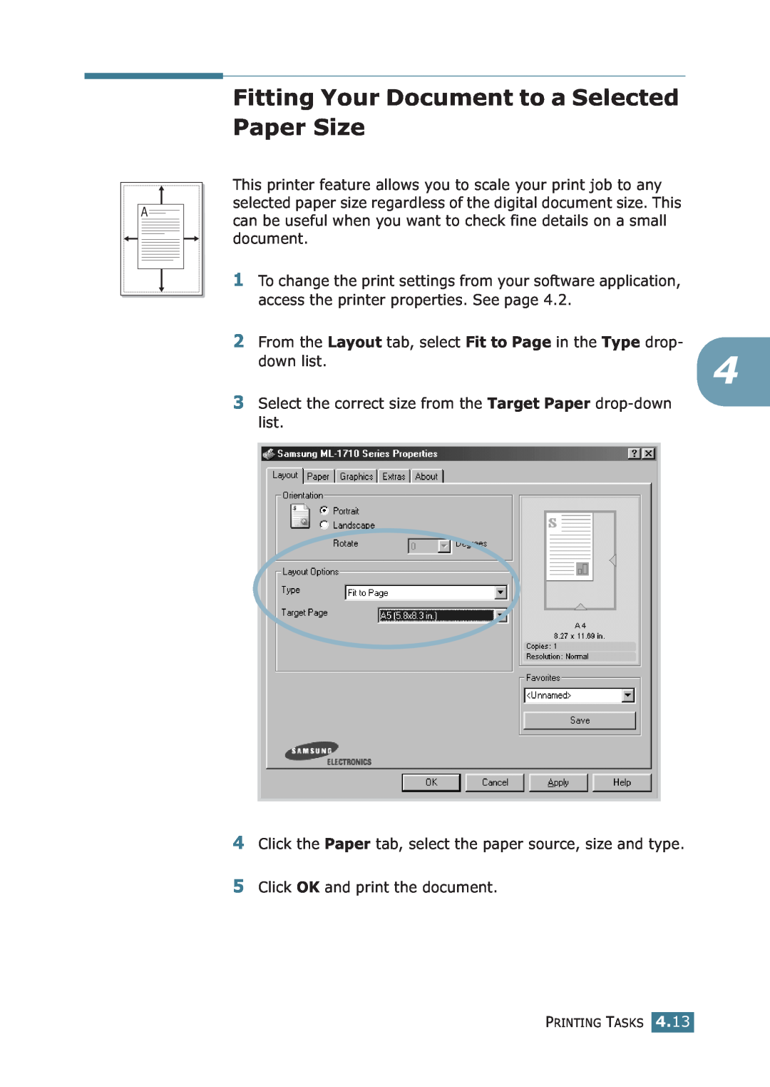 Samsung ML-1710P manual Fitting Your Document to a Selected Paper Size 