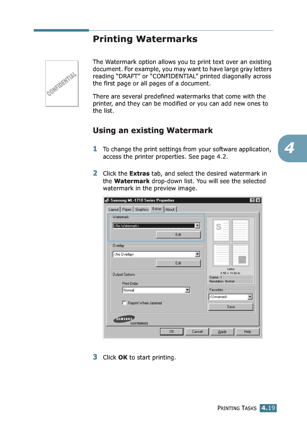 Samsung ML-1710P manual Printing Watermarks, Using an existing Watermark 