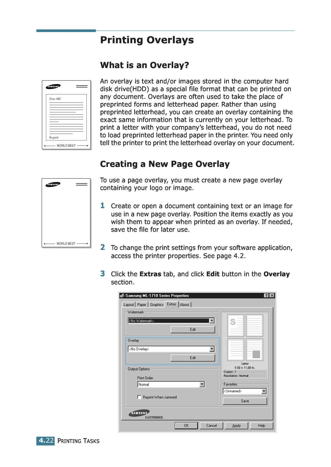 Samsung ML-1710P manual Printing Overlays, What is an Overlay?, Creating a New Page Overlay 
