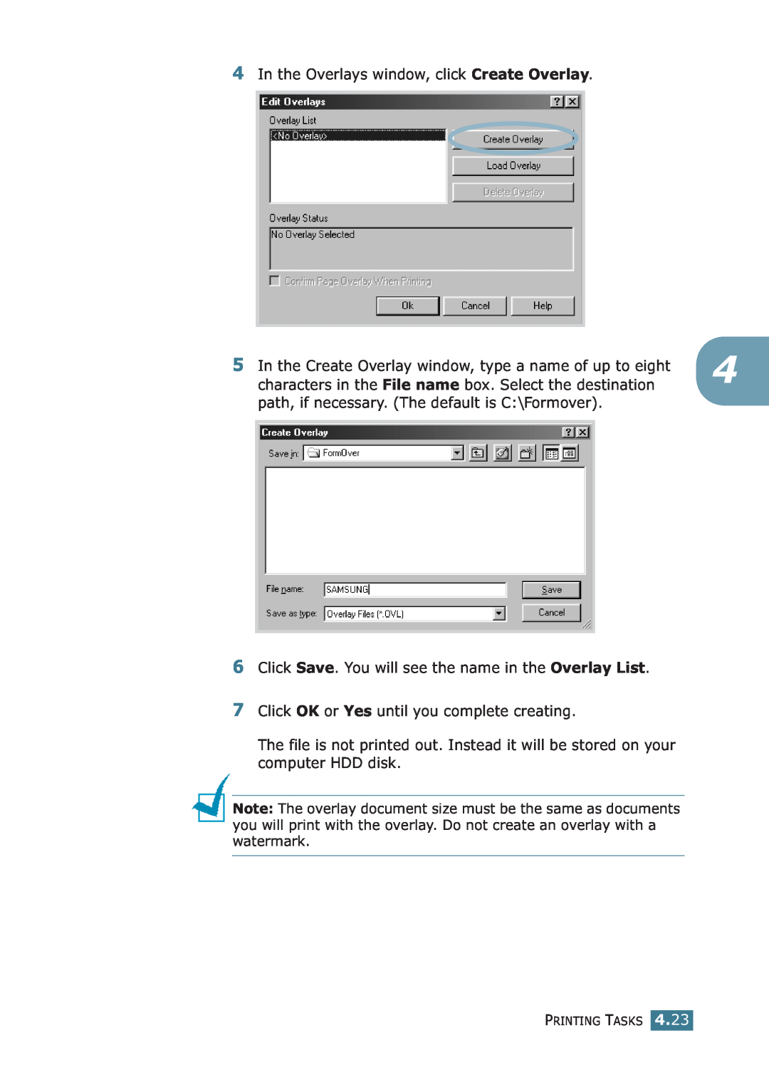 Samsung ML-1710P manual In the Overlays window, click Create Overlay 