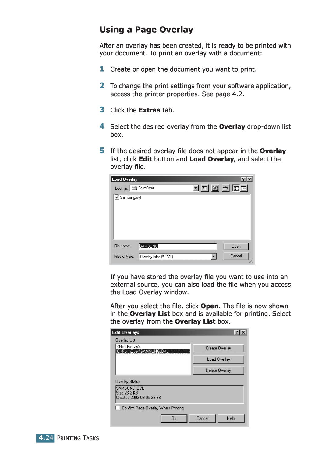 Samsung ML-1710P manual Using a Page Overlay, Printing Tasks 