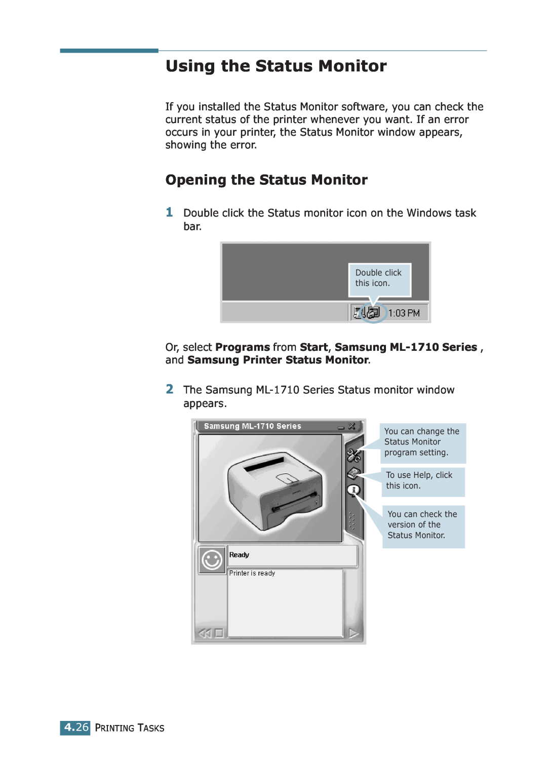 Samsung ML-1710P manual Using the Status Monitor, Opening the Status Monitor 